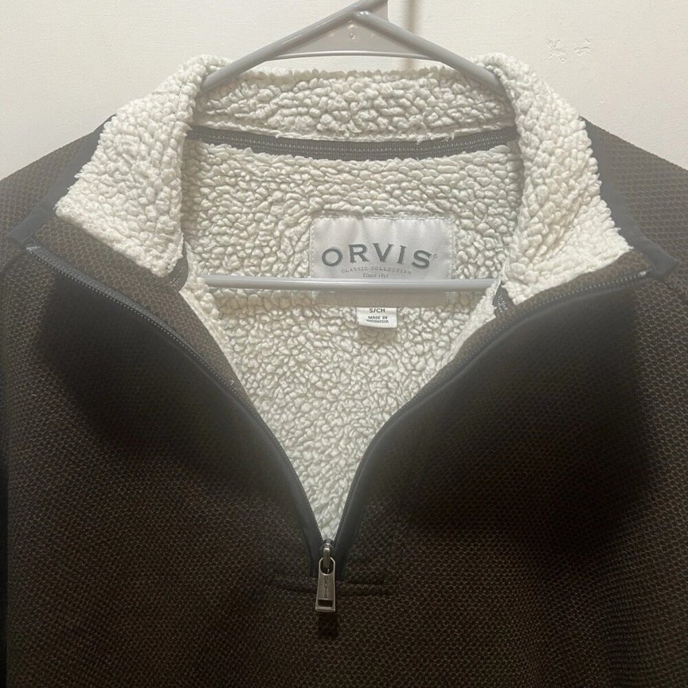 Orvis Men’s Quarter Zip Sherpa Lined Pullover Sweater Size Small Brown